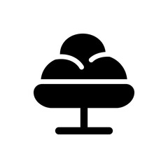 Illustration of a black ice cream sundae with three scoops in a bowl with a pedestal on a white background