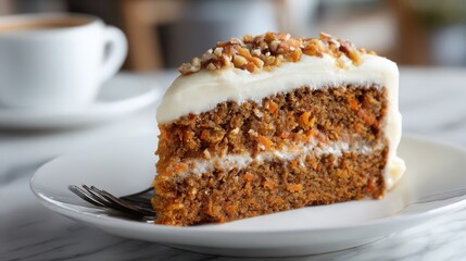carrot cake slice with cream cheese frosting, dessert on white plate