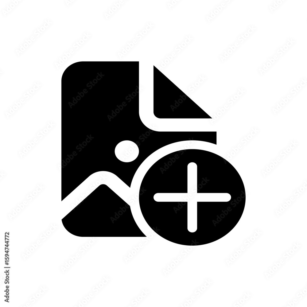 Poster illustration of a document icon with a landscape and a plus sign indicating adding a new image file