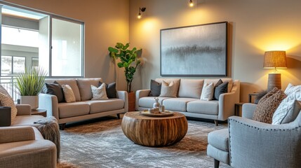 A stylish living room showcases modern interior design with comfortable sofas, decorative pillows, a round wooden coffee table, and a large abstract painting on the wall.