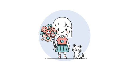 Obraz premium Charming girl with flowers and her adorable cat companion enjoying a whimsical day together