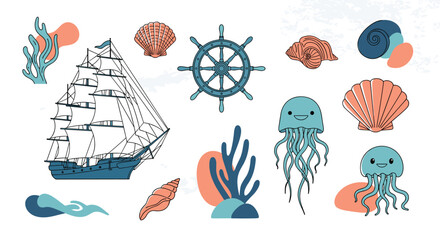 Nautical ocean sea life marine vintage sailing ship elements collection decorative art