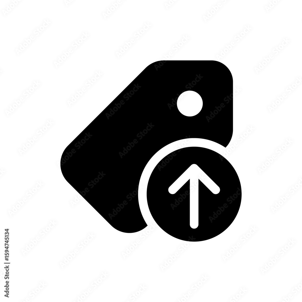 Poster black tag icon with rounded edges and a circular arrow pointing upwards indicating price increase or