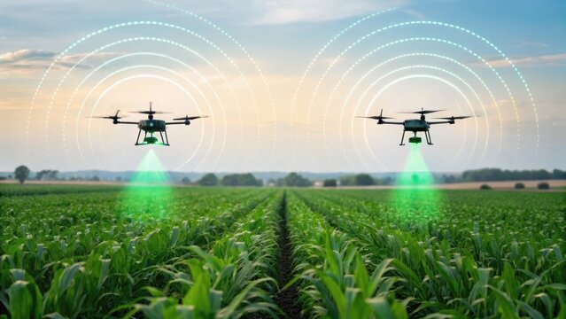 Two drones flying over a green field, emitting signals, likely for agricultural monitoring or crop management.