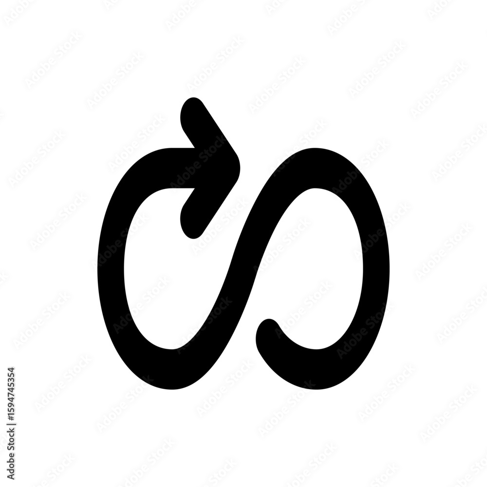 Poster black infinity loop symbol with an arrow pointing to the right on a white background in a simple des