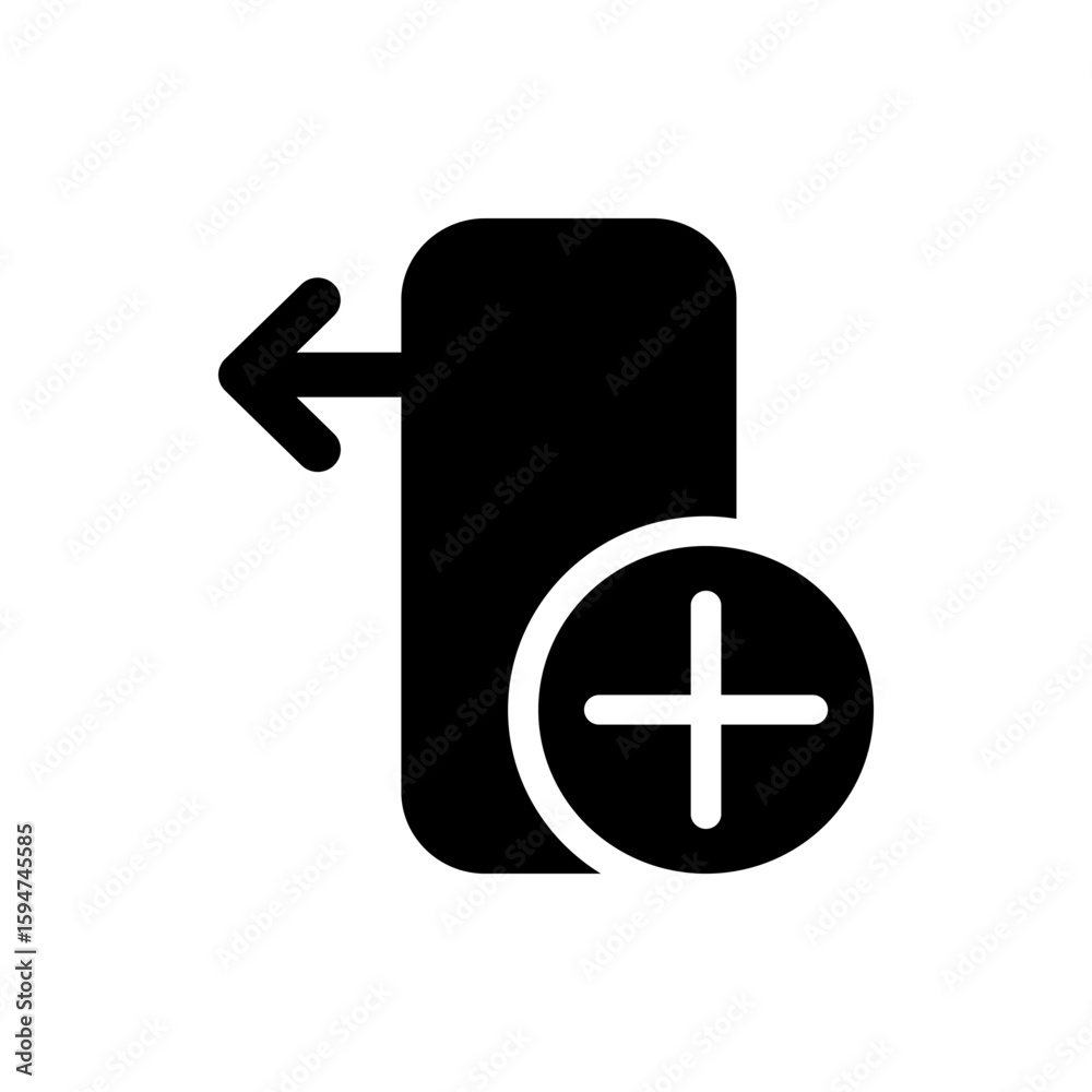 Poster black icon showing a rectangle with a left arrow and a circle containing a plus sign on the bottom r