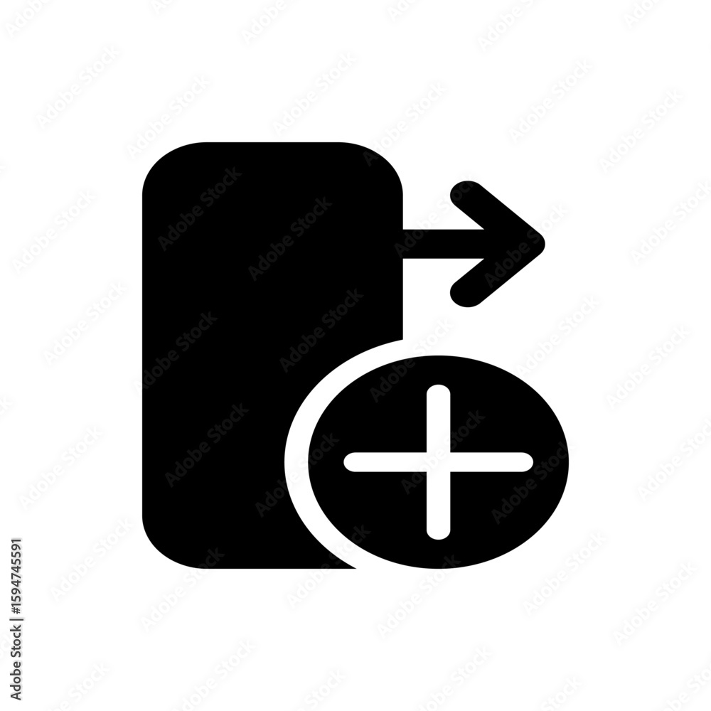 Poster black rectangle with rounded corners and an arrow pointing right next to a plus sign inside a circle