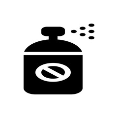 Illustration of a black spray bottle with a prohibition sign and spray coming out of the top end cap