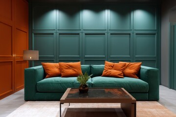 High-contrast bold living room with emerald green sofa burnt orange panel wall glass-top coffee table direct spotlighting from ceiling