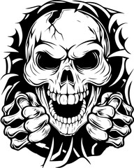 SVG screaming skull in horror tattoo style. Fierce Skull Design with Clenched Hands and Sinister Expression