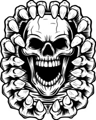 Fototapeta premium SVG screaming skull in horror tattoo style. Vintage Gothic Skull with Claw Hands and Eerie Expression Artwork