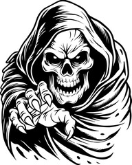 Fototapeta premium SVG screaming skull in horror tattoo style. Grim Reaper Character Reaching Out in Dark Cloak and Skull Design
