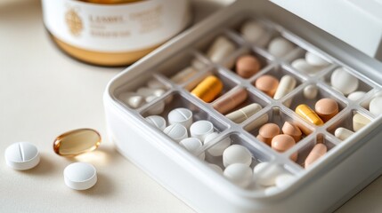 Assorted pills and capsules are organized in a white pill organizer, with some tablets scattered nearby, suggesting medication management and healthcare planning.