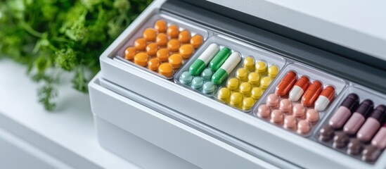 Assorted pills and capsules in a white organizer offer a glimpse into medication management, showcasing various colors and forms of pharmaceutical products for health and wellness.