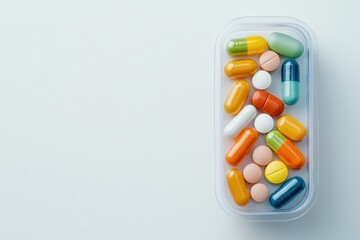 Assorted colorful pills and capsules are arranged in a clear plastic container, showcasing various shapes and colors for health, medicine, or pharmaceutical concepts.