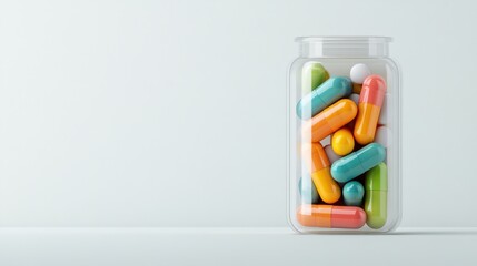 A clear jar filled with colorful capsules and pills, showcasing a variety of medication options for healthcare, wellness, and pharmaceutical concepts.