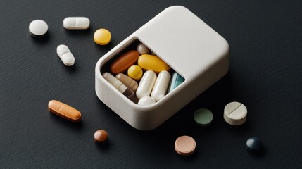 Assorted pills and capsules in a white container showcase medication variety, offering a glimpse into healthcare, wellness, and pharmaceutical options for treatment and prevention.