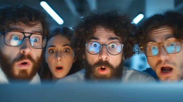 Three men and a woman are looking at a computer screen with their mouths open. Concept of surprise and excitement as the group watches something on the screen. The group's facial expressions