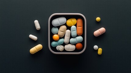 Assorted pills and capsules in a container offer a colorful display of medicine, showcasing various shapes and sizes for health, wellness, and pharmaceutical concepts.