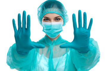 Female doctor in PPE holds up hands