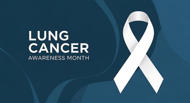 Awareness for the month for lung cancer with a white ribbon against deep teal background with flowing organic shapes in - Powered by Adobe