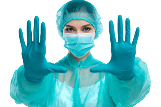 Female doctor in PPE holds up hands