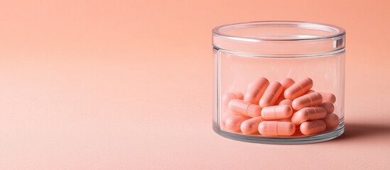 A clear glass jar filled with peach-colored capsules presents a clean and modern aesthetic, ideal for pharmaceutical, health, or wellness concepts and product mockups.