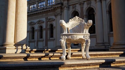 Decorative white armchair on grand porch stairs bathes in sun expressing prestige, memory, anticipation, enigmatic emptiness, dignity, unspoken dialogue