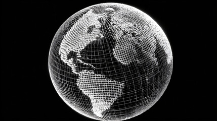 Globe Earth World Geography Map Wireframe Black White Grid Sphere Planet Graphic Digital 3D Global Atlas Representation Model Mapping Geometric Design Science Modern Abstract Iconic Visualization