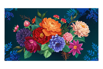 floral bouquet, vibrant colors, rich texture, oil painting, botanical illustration, dark background, lush flowers, dahlia, peony, rose, tropical foliage, digital art, detailed and realistic
