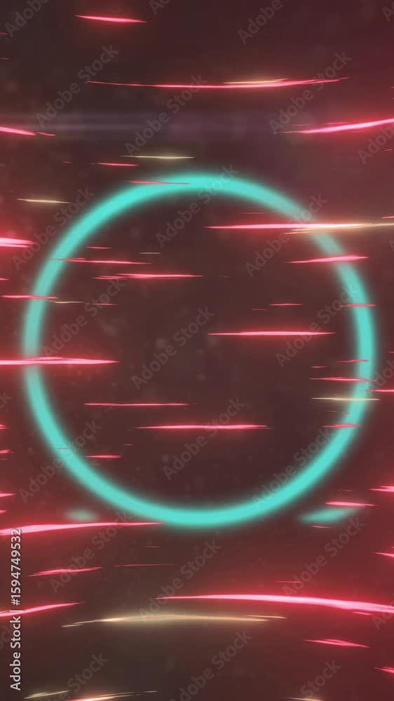 Poster animating glowing red and teal circular patterns, creating dynamic light trails