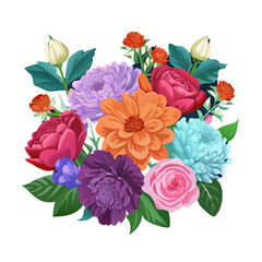 A vibrant bouquet of various colorful flowers, including roses, dahlias, chrysanthemums, and peonies, arranged in a natural and lush composition, with delicate leaves and stems providing a harmonious 