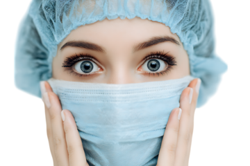 Close-up of a woman's wide eyes, wearing a surgical mask and cap.