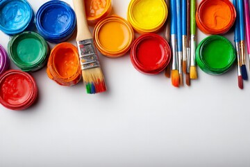 Colorful Paint Pots And Brushes On White Background