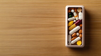 Assorted pills and capsules in a container are displayed on a wooden surface, showcasing various medications and pharmaceutical products for health and wellness concepts.