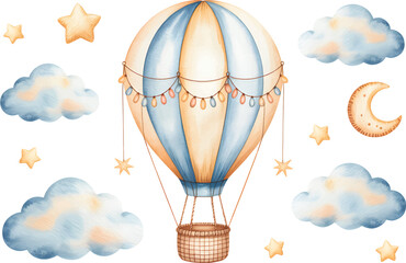 Watercolor hot air balloon clipart set with clouds, stars and pastel balloons fnewborn shower or kid birthday.  © Songrami