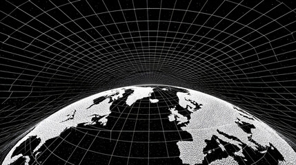 Digital 3D Earth Globe Abstract Projection Map Grid Technology Black White Sphere Space Data Geography Design Global Network Lines Connection Modern Illustration Environment Exploration Future 