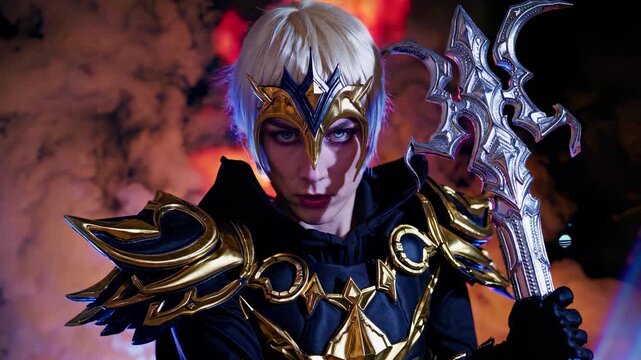 Fantasy warrior in ornate golden armor grips mystical sword in dramatic smoky background evoking heroism fantasy courage strength epic adventure
