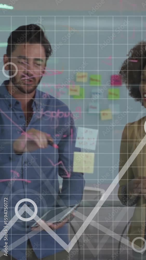 Poster collaborating on animation, diverse team in office working with data visualization