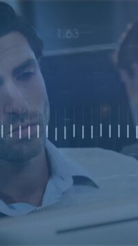 Working on computers, business professionals analyzing financial data charts with animation