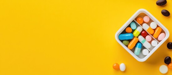 Colorful pills and capsules are organized in a white pillbox on a vibrant yellow background, creating a clean and modern medical or pharmaceutical concept.