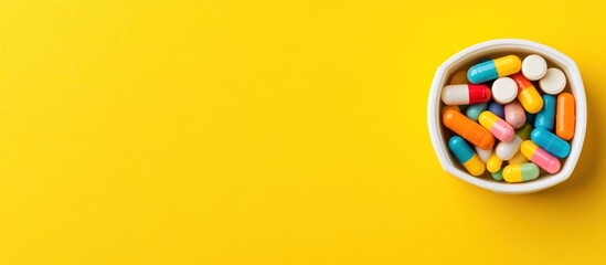 Colorful capsules and pills fill a white bowl, offering a vibrant display of medication and healthcare on a bright yellow background, perfect for health and wellness concepts.
