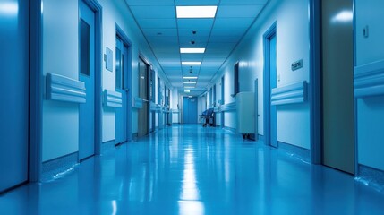 A hospital hallway with blue lighting and doors on either side.
