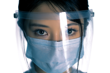Young Asian woman in protective face mask and shield.