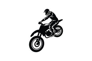 Dirt Bike Rider Jumping Silhouette Illustration Extreme Sport Adventure Black and White Graphic Motocross Competition Off Road Racing Isolated on White Background silhouette