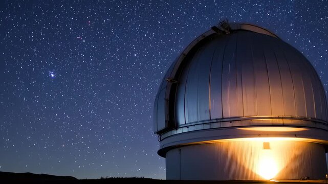 Illuminated astronomical observatory under a vast night sky with stunning starfield