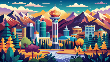 Almaty Kazakhstan Leafy avenues and snow-capped mountains frame this vibrant city. Soviet-style monuments and modern glass buildings add contrast for compelling vector scenes.