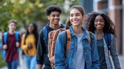 Fototapeta premium A diverse group of students walking together on a sidewalk.