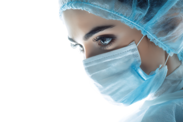 Focused female doctor wearing a surgical mask.