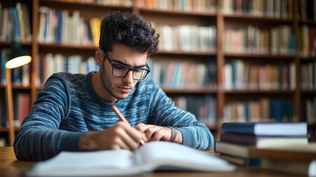 A young man wearing glasses and a blue sweater, sitting at a desk in a library, writing in a notebook. - Powered by Adobe